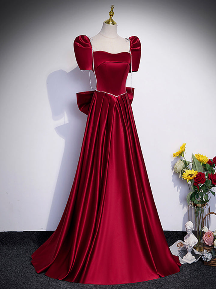 Luolandi Beautiful Satin Floor Length Prom Dress with Bowknot Burgundy Short Sleeve Evening Dress Sexy