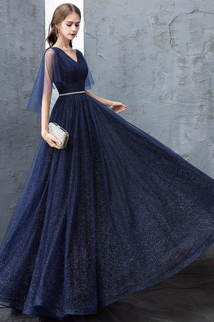 Luolandi Blue V-Neck Tulle Long Prom Dresses A-Line Evening Dresses Sparkly