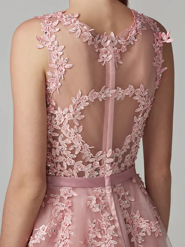 Luolandi A-Line Beautiful Back Floral Cute Cocktail Party Prom Valentine's Day Dress Illusion Neck Sleeveless Knee Length Tulle Over Lace with Beading