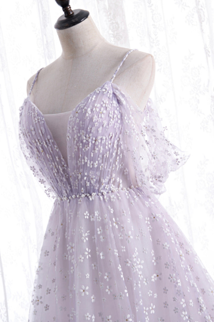Luolandi Lovely V-Neck Floral Tulle Long Prom Dress Lavender A Line Evening Party Dress Beautiful