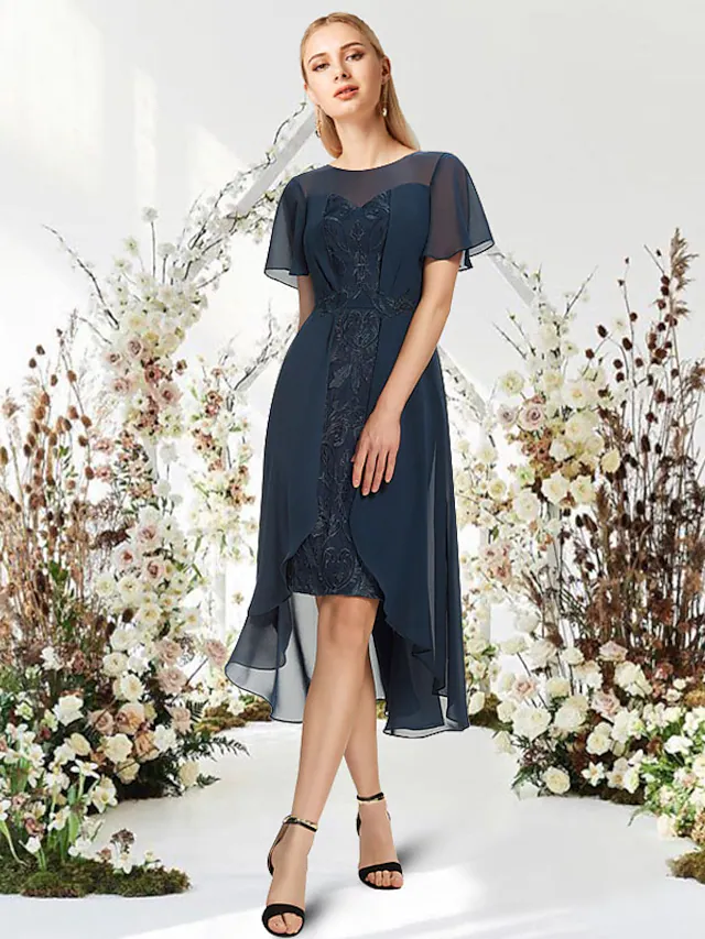 Luolandi A-Line Empire Elegant Wedding Guest Engagement Dress Jewel Neck Short Sleeve Asymmetrical Knee Length Chiffon Mother of the Bride Dress