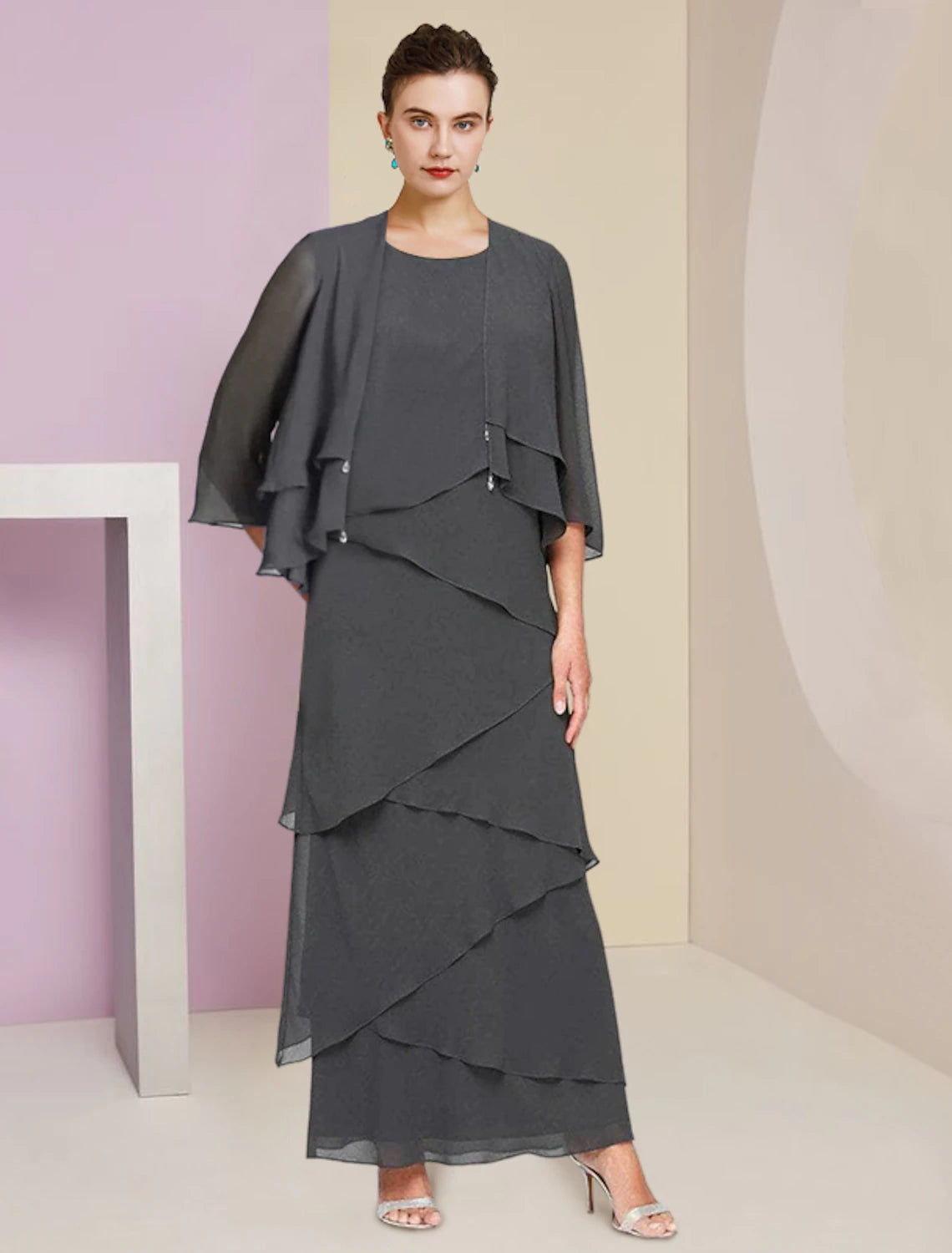 Luolandi Sheath / Column Mother of the Bride Dress Formal Wedding Guest Elegant Scoop Neck Ankle Length Chiffon Sleeveless Wrap Included