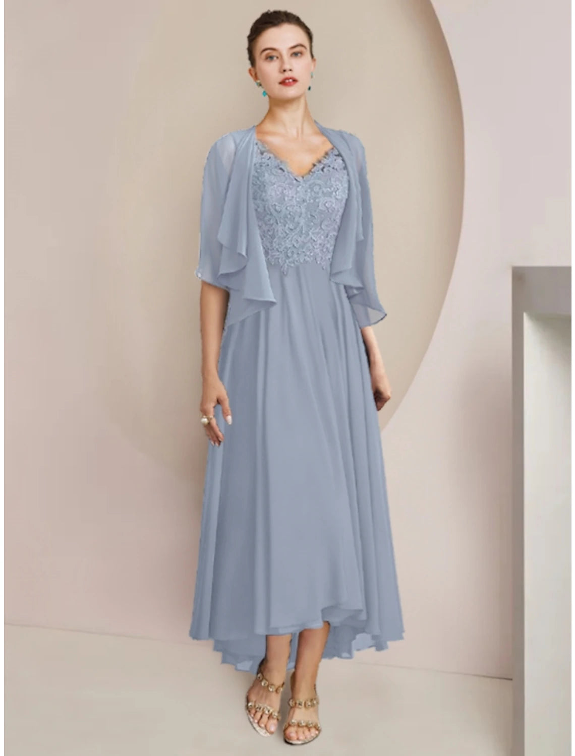 Luolandi Sheath / Column Mother of the Bride Dress Wedding Guest Vintage Elegant V Neck Asymmetrical Ankle Length Chiffon Lace Half Sleeve with Pleats