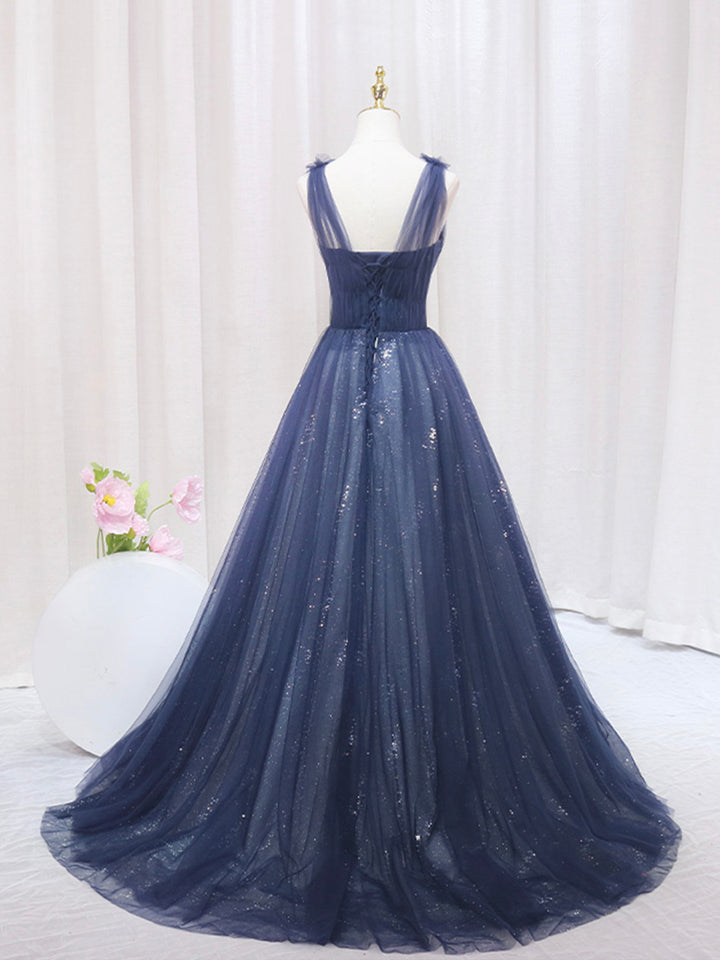 Luolandi Blue Tulle Beaded Long Prom Dress Evening Party Dress Sparkly