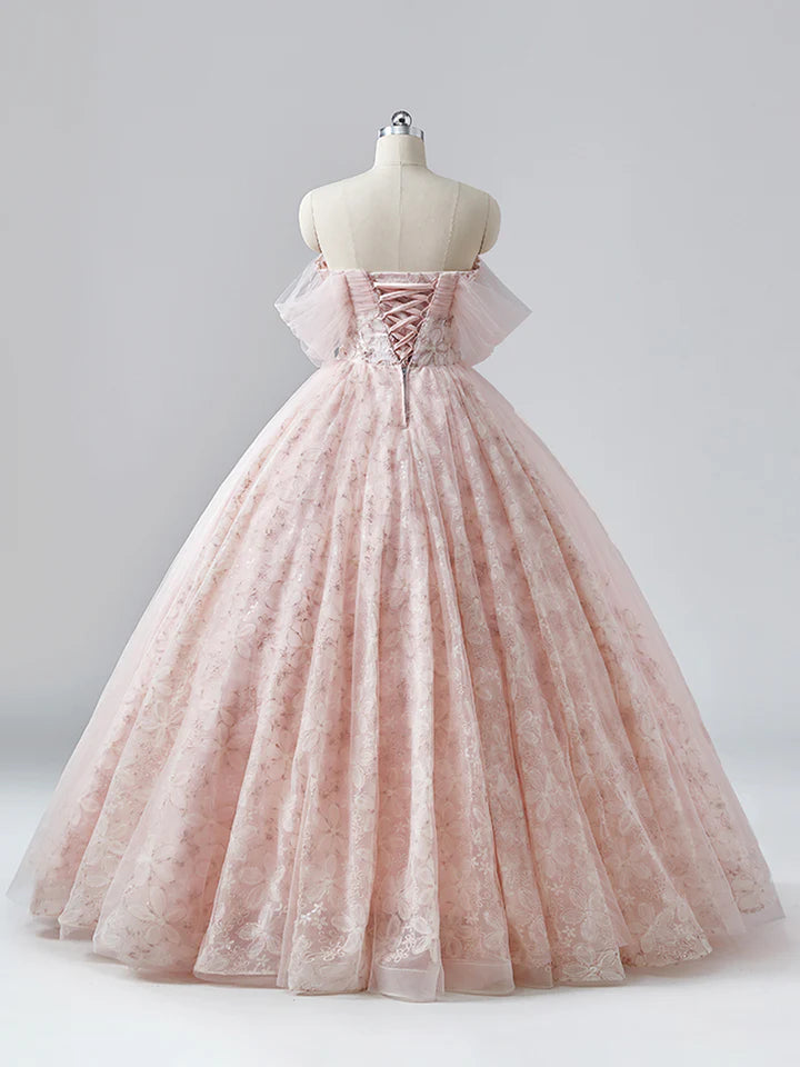 Luolandi Light Pink Tulle Flower Floor Length Prom Dress Beautiful Off the Shoulder Backless Formal Dress Sweet 16 Dress With Flowers