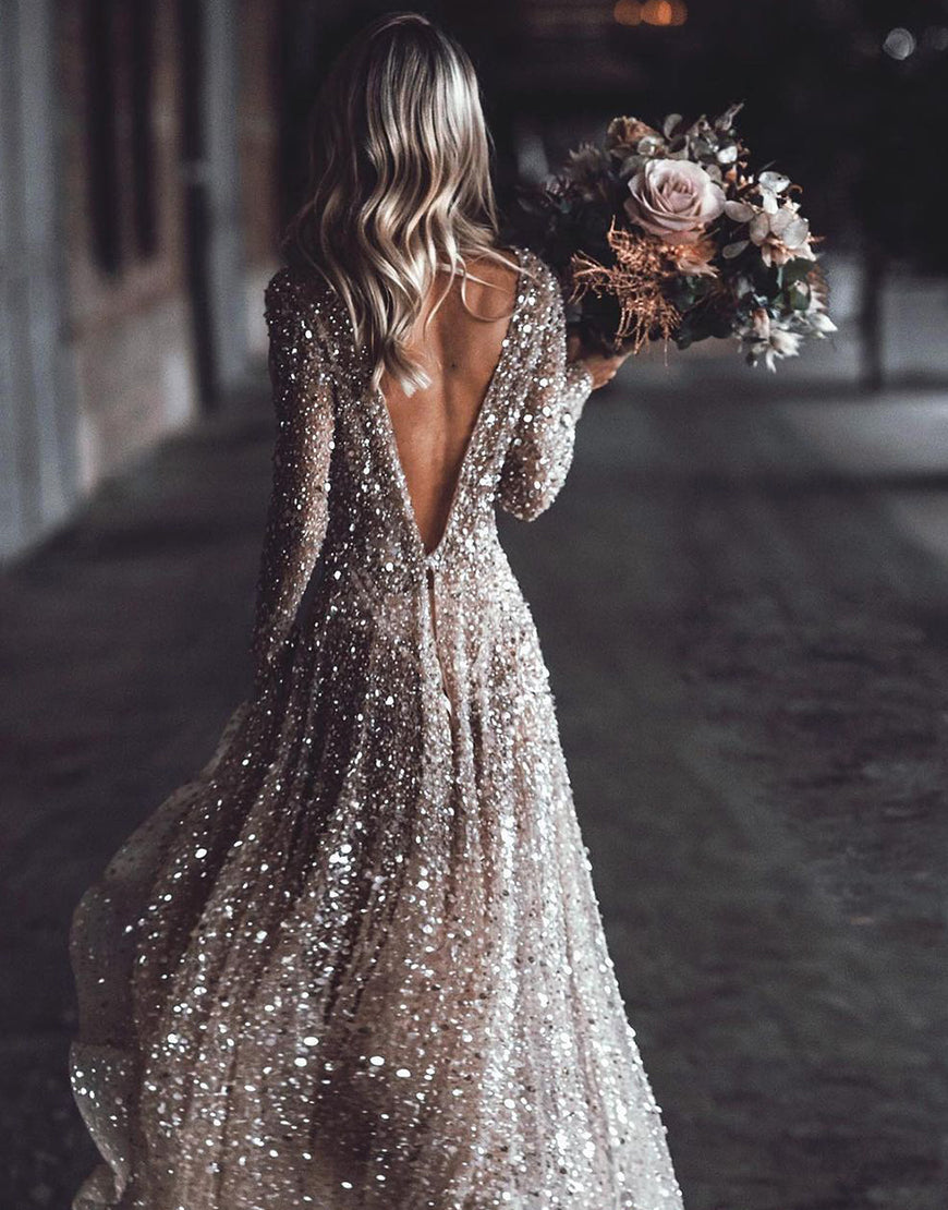 Luolandi Sequin Long Sleeve Wedding Dress V-neck Open Back Sexy Sparkly