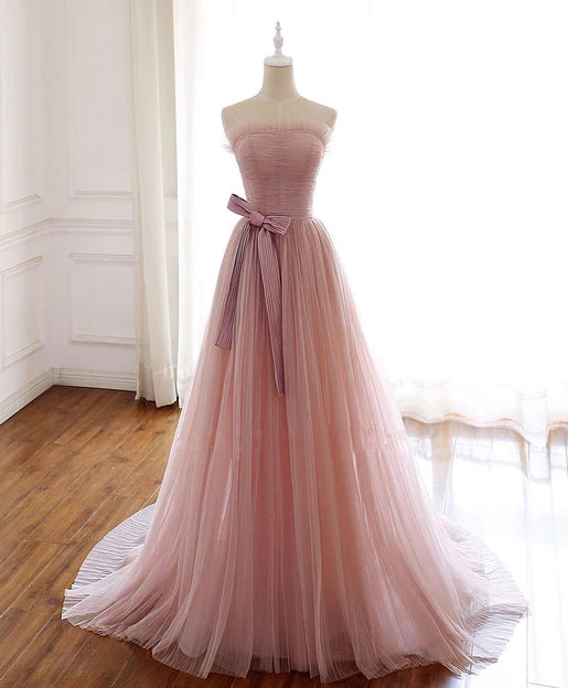 Luolandi Simple Pink Fashionable Scoop Tulle Long Wedding Party Dress with Bow Long Formal Dress Prom Dress