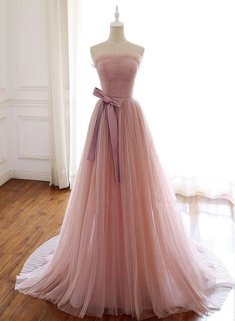 Luolandi Simple Pink Fashionable Scoop Tulle Long Wedding Party Dress with Bow Long Formal Dress Prom Dress