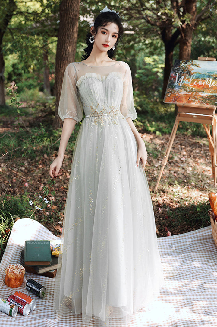 Luolandi Gray Tulle Lace Long A-Line Prom Dresses Tulle Bridesmaid Dresses Beautiful