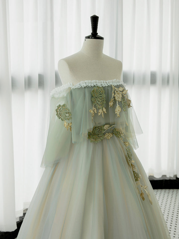 Luolandi Green Tulle Lace Long Prom Dress Off Shoulder Evening Party Dress