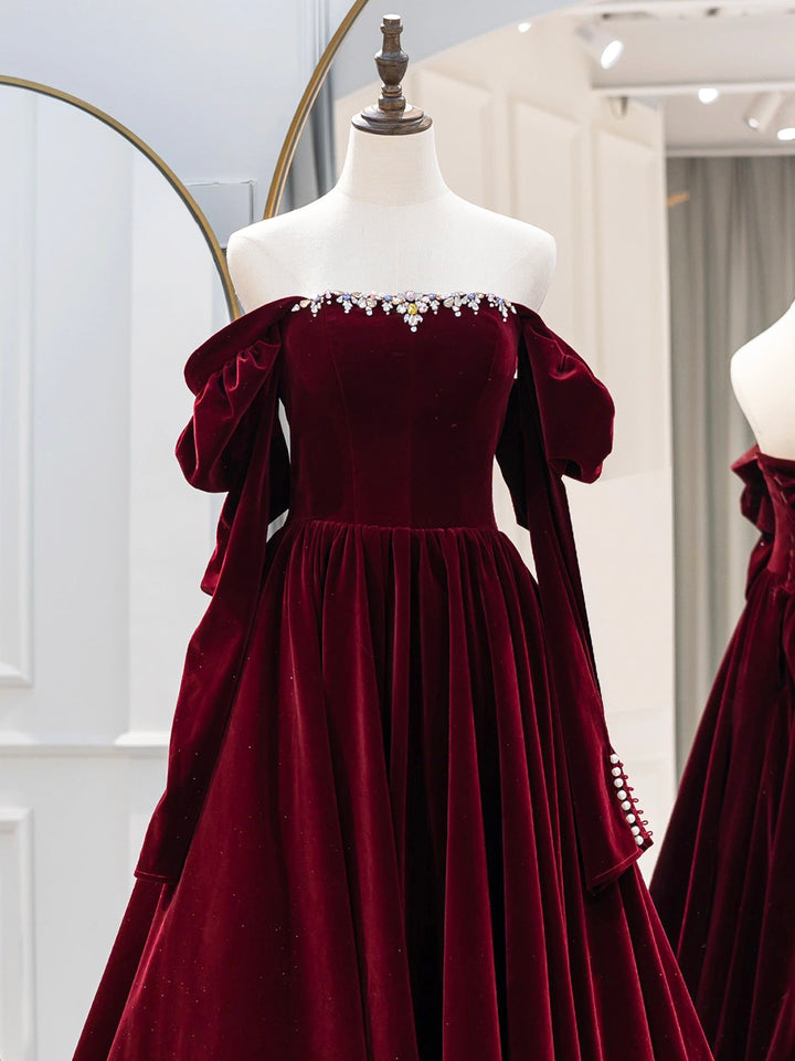 Luolandi Burgundy Velvet Long Formal Dress Elegant Long Sleeve A-Line Prom Dress Evening Dresses