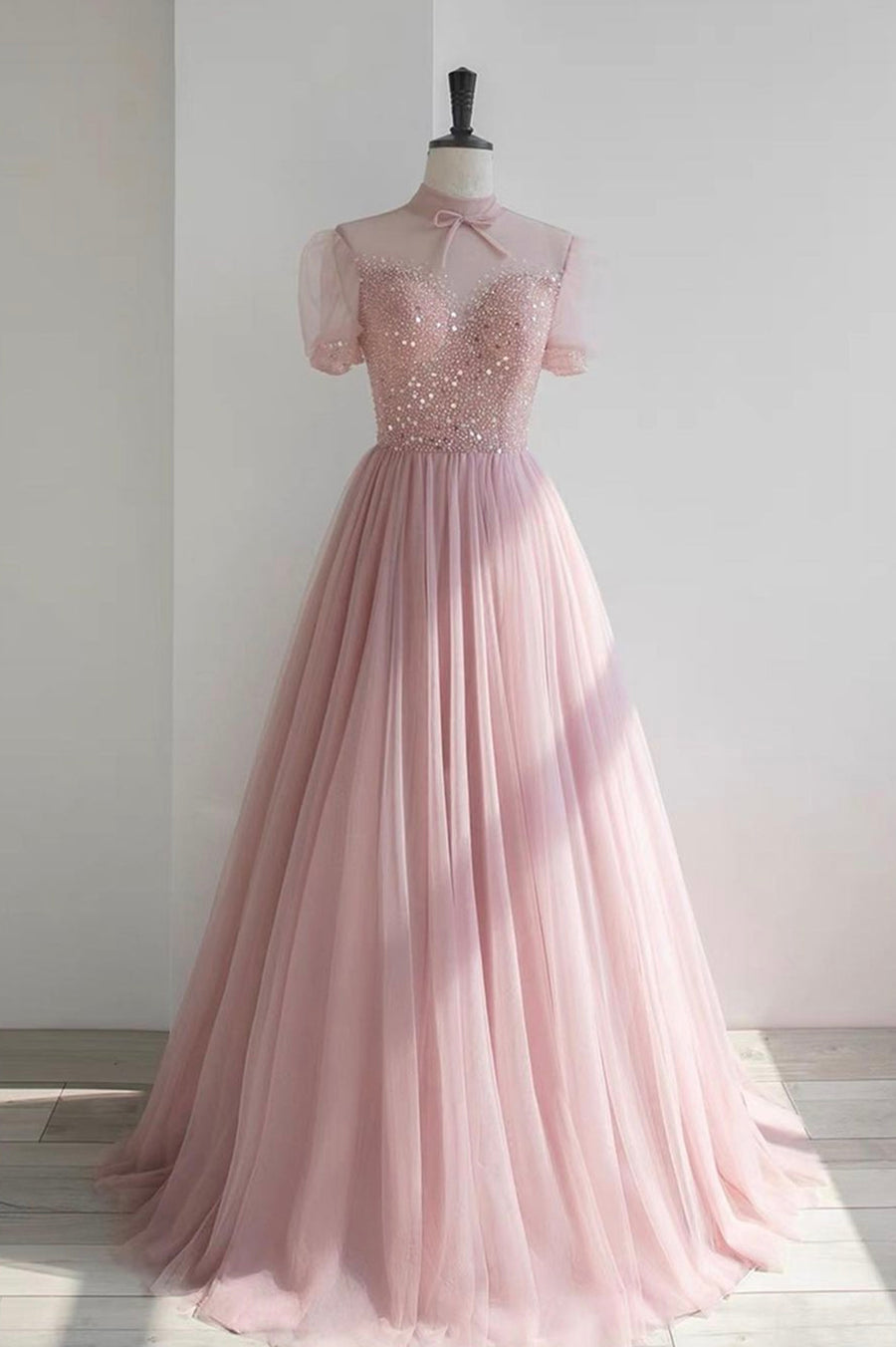 Luolandi Pink Tulle Beading Long Prom Dresses Lovely A-Line Evening Party Dresses Sparkly