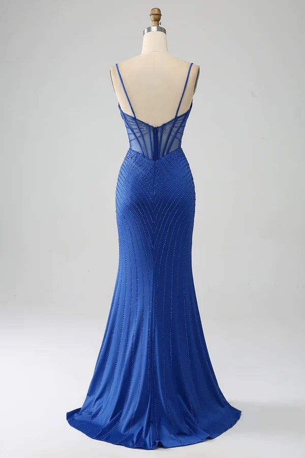 Luolandi Royal Blue Mermaid Corset Prom Dress with Beading And Slit Sparkly Evening Dress
