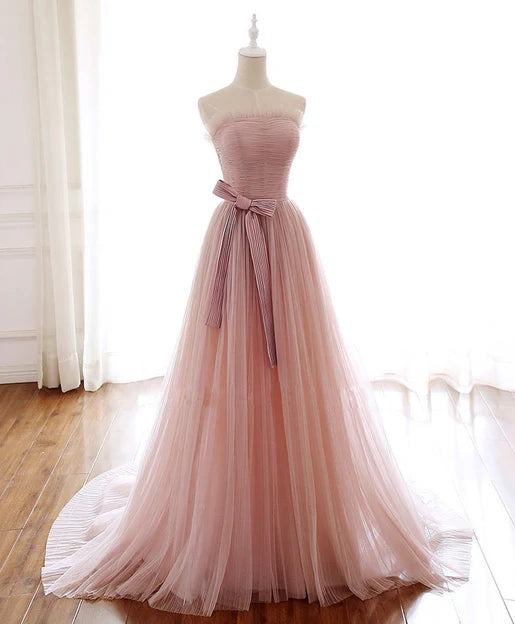 Luolandi Simple Pink Fashionable Scoop Tulle Long Wedding Party Dress with Bow Long Formal Dress Prom Dress