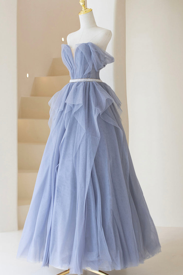 Luolandi Blue Off Shoulder Tulle Long Formal Dress A-Line Blue Evening Dress Beautiful