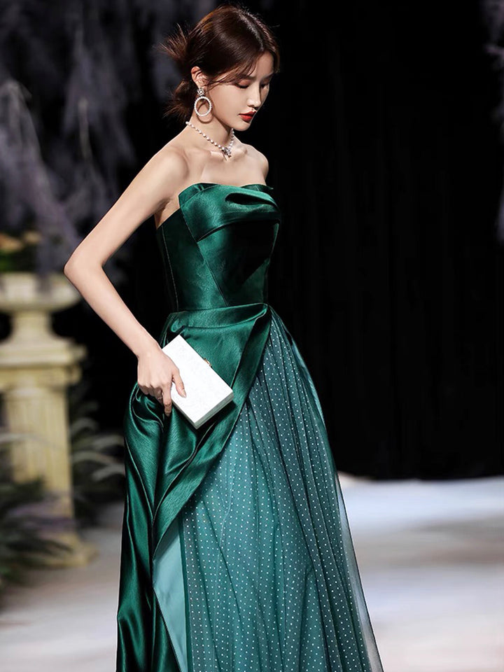 Luolandi Dark Green Satin Long Prom Dress Beautiful A-Line Strapless Evening Party Dress Off Shoulder
