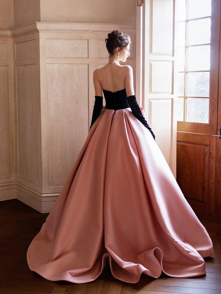 Luolandi Black Velvet and Satin Long Prom Dress Beautiful A-Line Strapless Party Dress wit Bow Without gloves