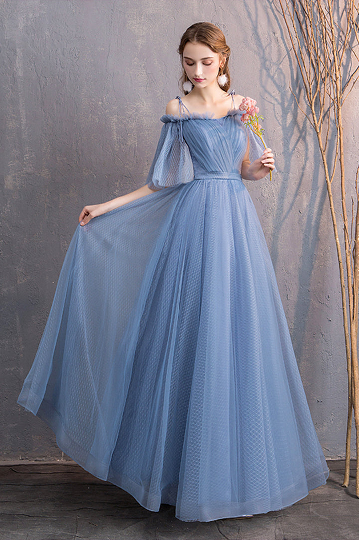 Luolandi Blue Tulle Long Prom Dresses, A-Line Bridesmaid Dresses Floor Length