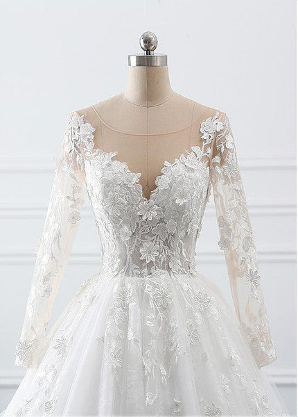 Luolandi A Line Wedding Dresses Long Sleeves With Applique Tulle Covered Button Sweep Train Beautiful