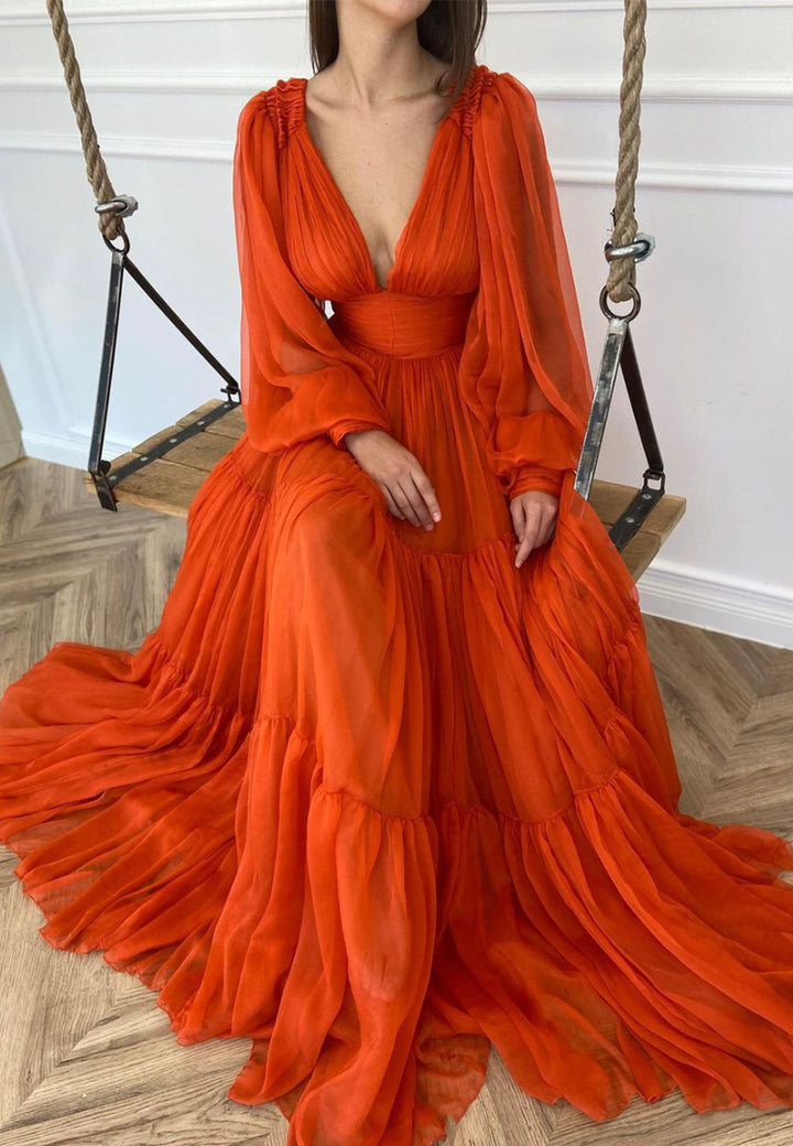 Luolandi Orange V-Neck Chiffon Long Prom Dresses A-Line Evening Dresses Sexy