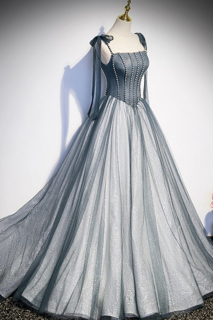 Luolandi Gray Spaghetti Straps Long A-Line Prom Dress Gray Evening Dress with Beaded Sparkly