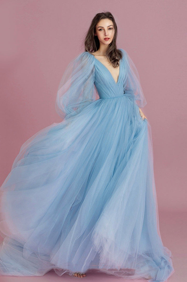 Luolandi Blue V-Neck Tulle Long Prom Dress A-Line Long Sleeve Evening Dress Beautiful