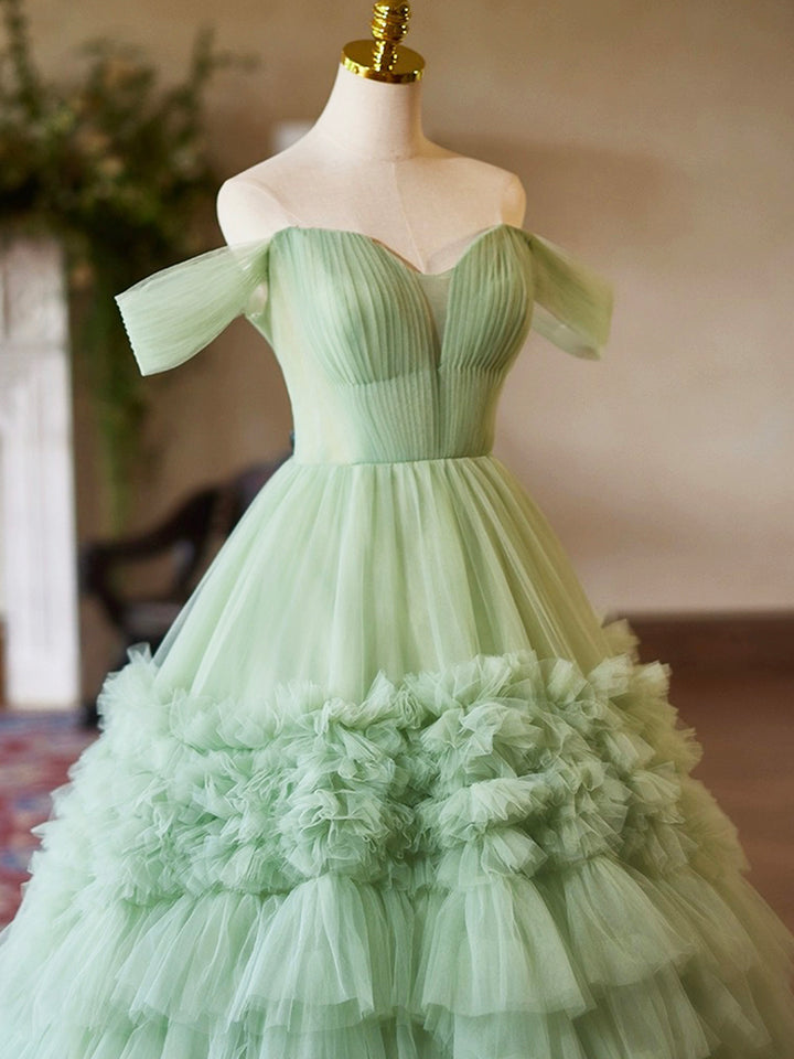 Luolandi A-Line Green Tulle Long Party Dress Off the Shoulder Formal Evening Dress Prom Dress