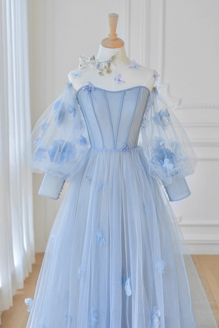 Luolandi Blue Tulle Long Sleeve Prom Dresses Cute A-Line Evening Dresses with Applique Without Neck accessories