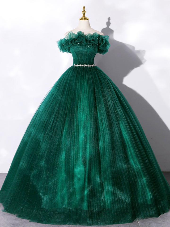 Luolandi Green Off Shoulder Tulle Formal Dress A-Line Long Prom Dress Beautiful