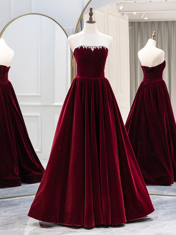 Luolandi Burgundy Velvet Long Formal Dress Elegant Long Sleeve A-Line Prom Dress Evening Dresses