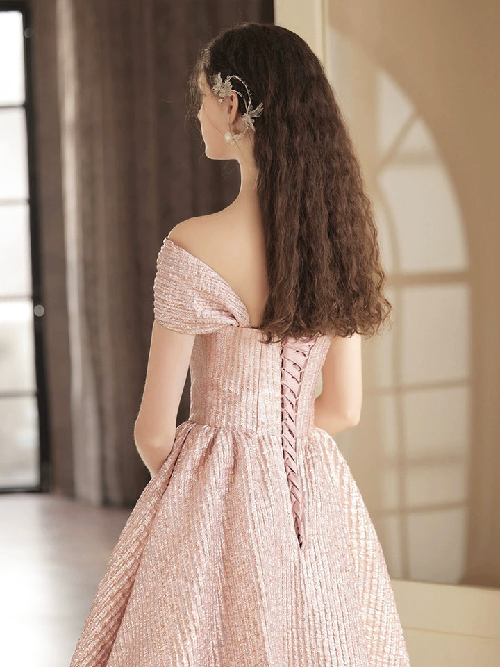 Luolandi Cute Satin Tea Length Prom Dress Off the Shoulder Pink A-Line Party Dress Beautiful