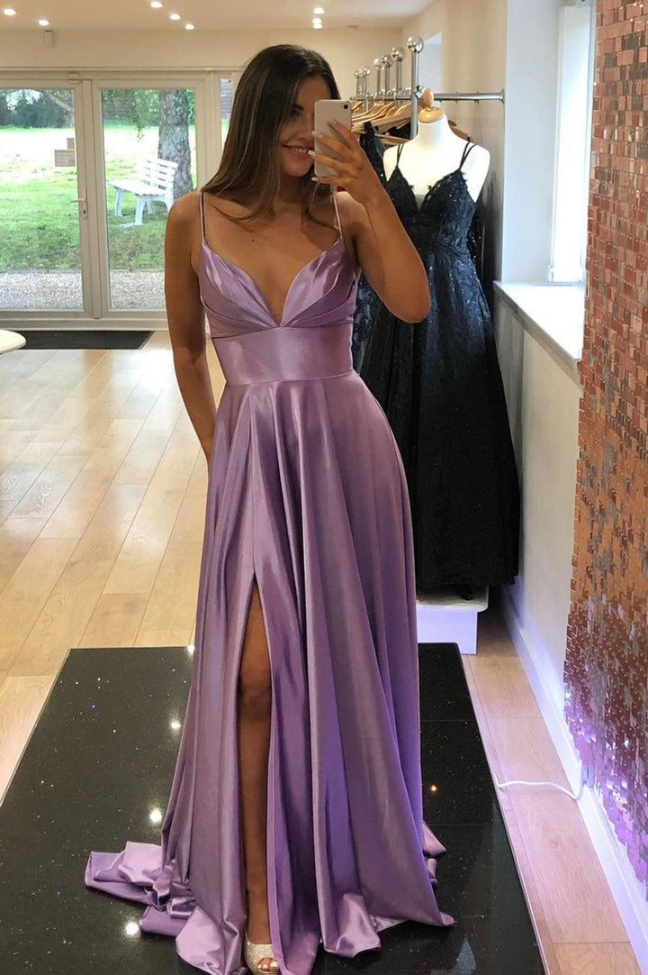 Luolandi Purple V-Neck Satin Long Prom Dress Simple A-Line Evening Dress Sexy