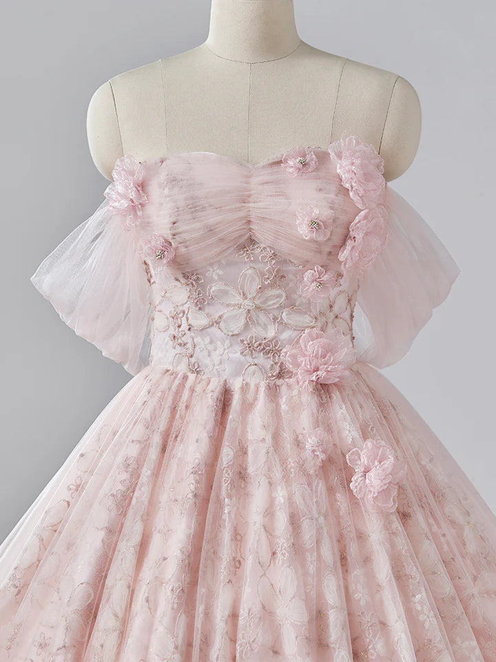 Luolandi Light Pink Tulle Flower Floor Length Prom Dress Beautiful Off the Shoulder Backless Formal Dress Sweet 16 Dress With Flowers