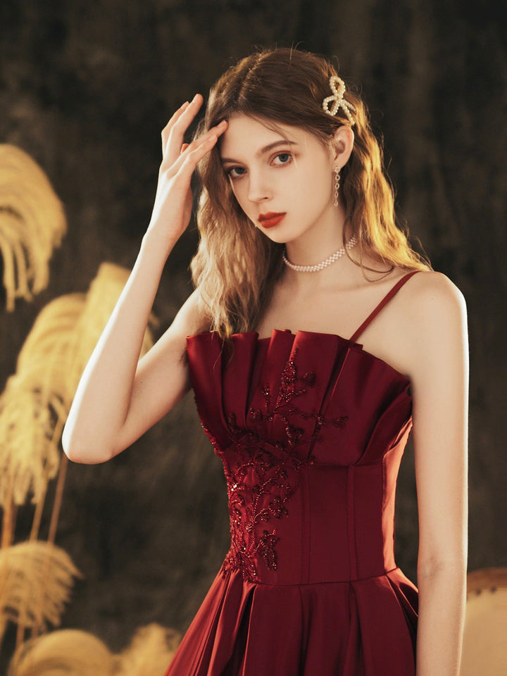 Luolandi Burgundy Satin Beaded Long Prom Dress Beautiful A-Line Evening Party Dress Sexy