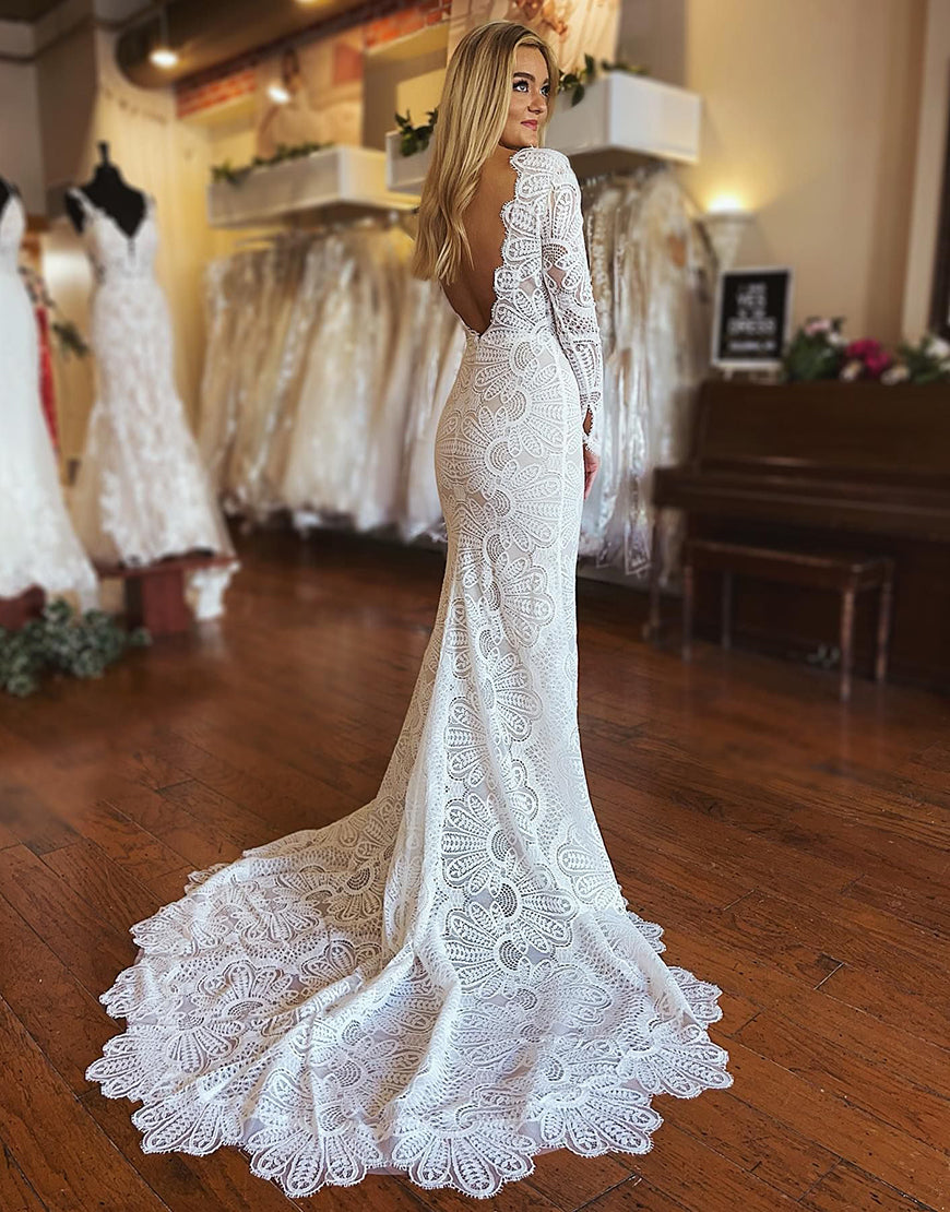 Luolandi Mermaid Boho Lace Wedding Dress with Long Sleeves Open Back Sexy Bridal Gown