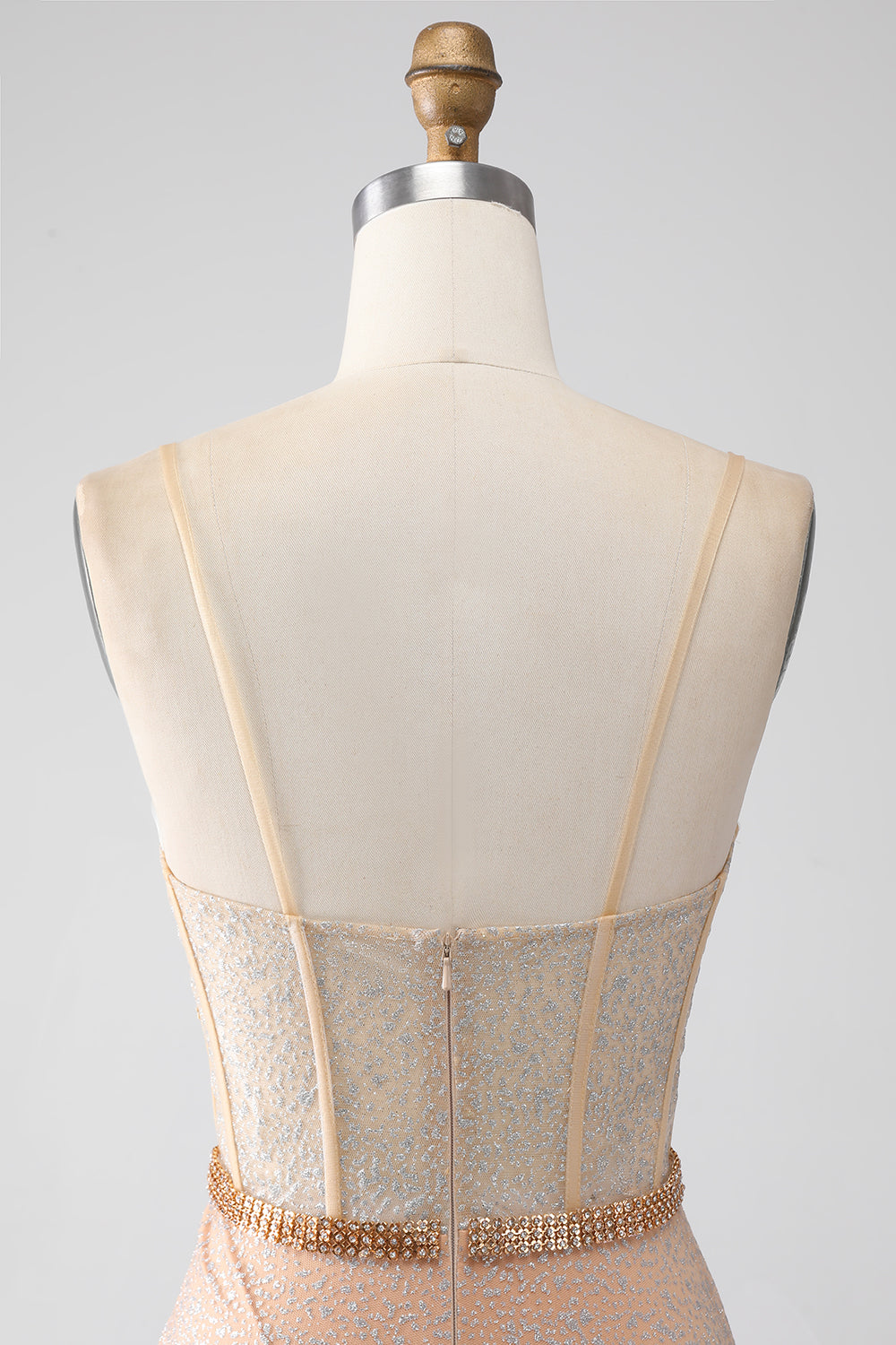 Luolandi Sparkly Champagne Mermaid Spaghetti Straps Long Corset Prom Dress with Slit Evening Dresses