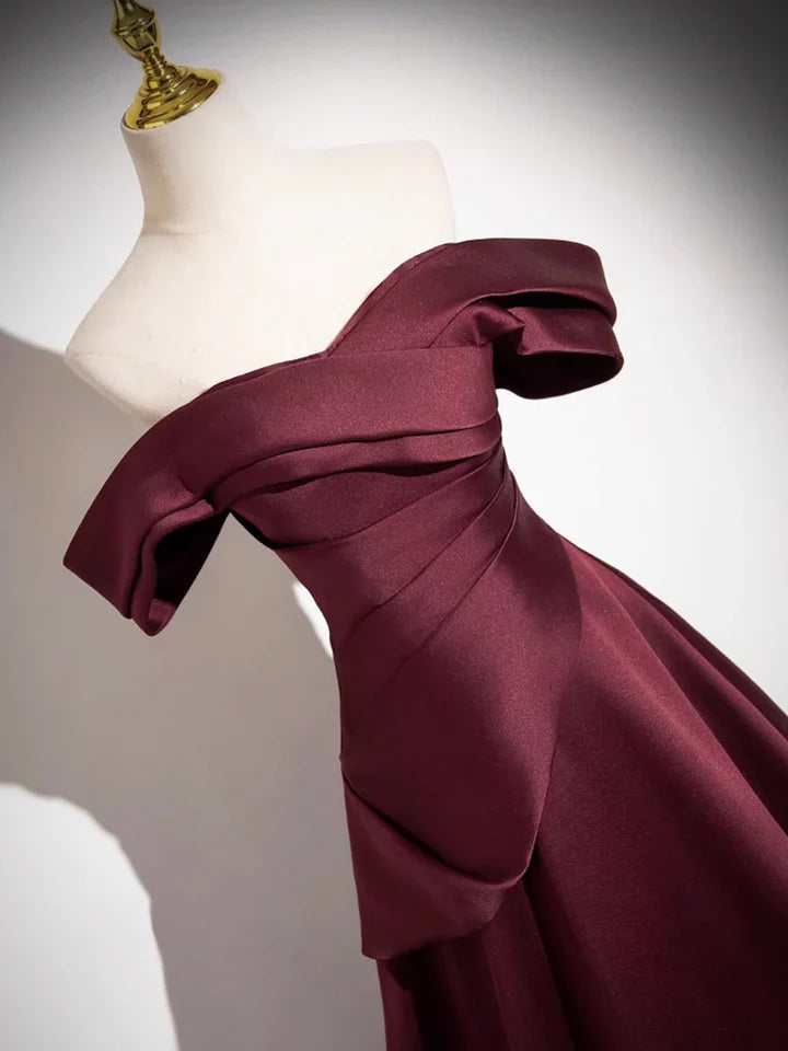 Luolandi Dark Burgundy Satin Long Prom Dress A-Line Off the Shoulder Evening Party Dress Sexy