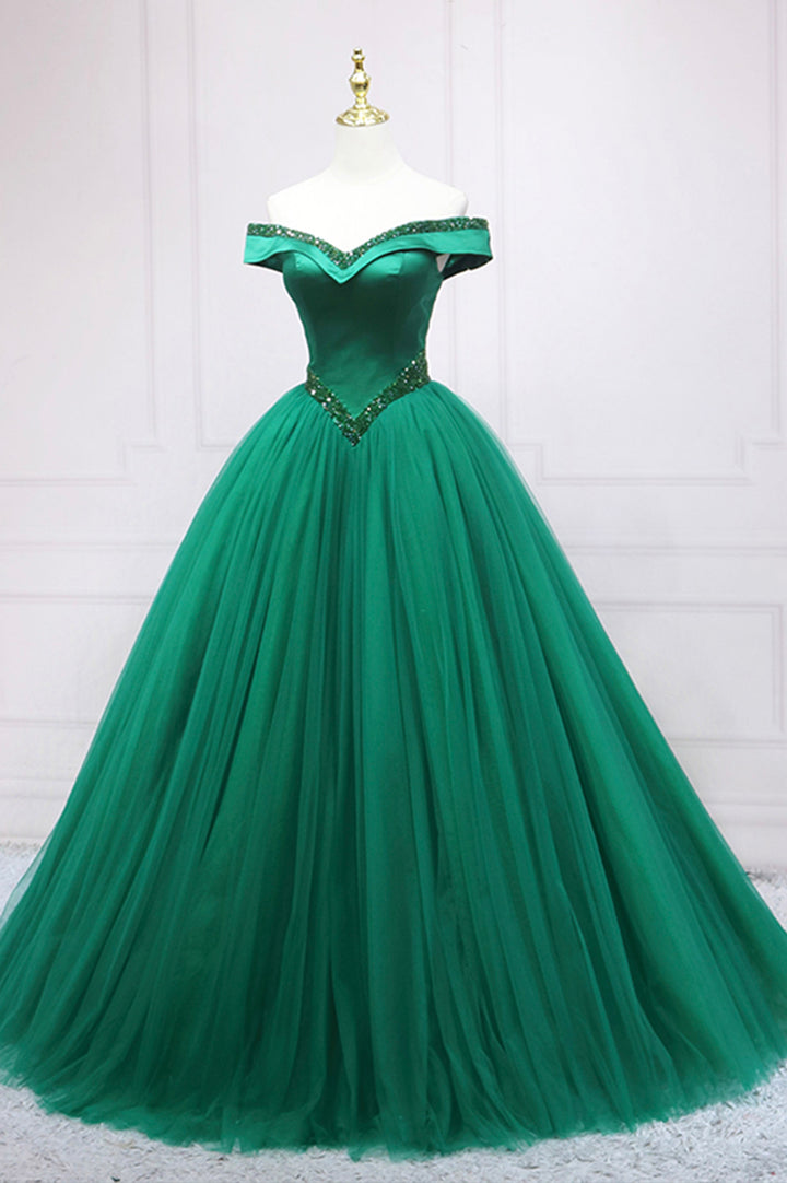 Luolandi Green Tulle Long A-Line Ball Gown Off the Shoulder Evening Dress Sexy