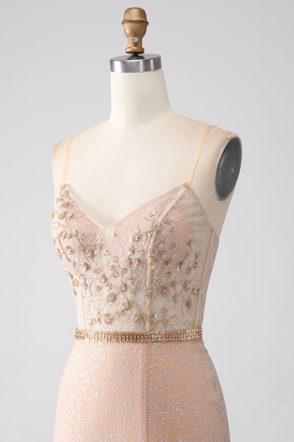 Luolandi Sparkly Champagne Mermaid Spaghetti Straps Long Corset Prom Dress with Slit Evening Dresses