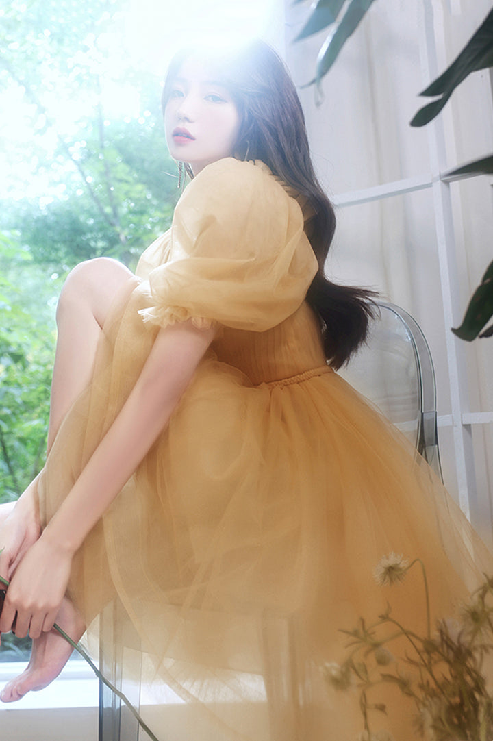 Luolandi Yellow Tulle Short A-Line Prom Dress Party Dress Pure Color