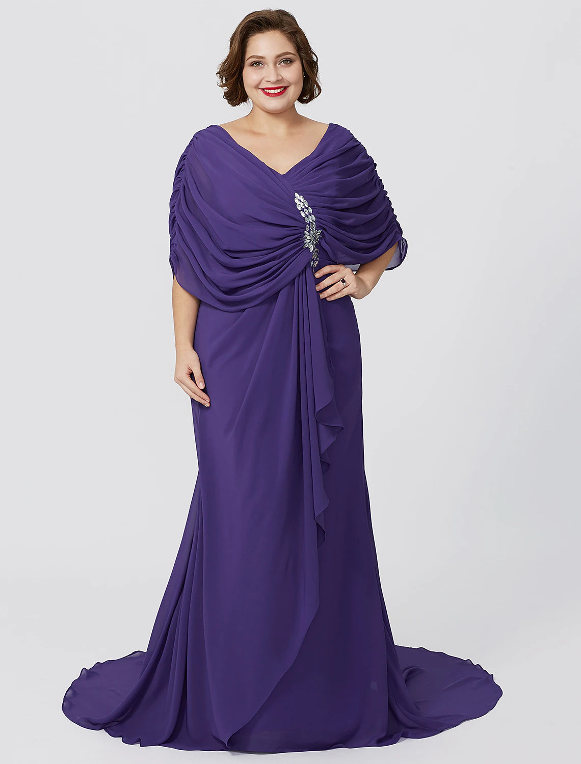 Luolandi Sheath / Column Mother of the Bride Dress Formal Classic & Timeless Elegant & Luxurious Plus Size V Neck Sweep / Brush Train Floor Length Chiffon Short Sleeve