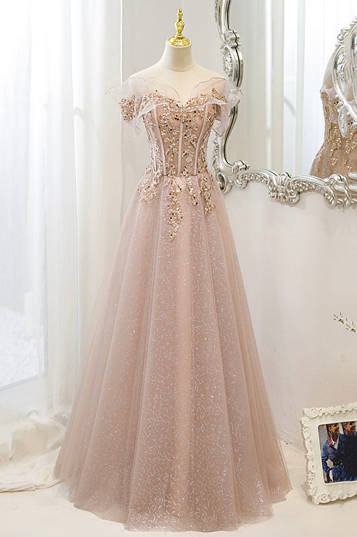 Luolandi Pink Tulle Sequins Long Prom Dresses A-Line Off the Shoulder Evening Dresses Sparkly