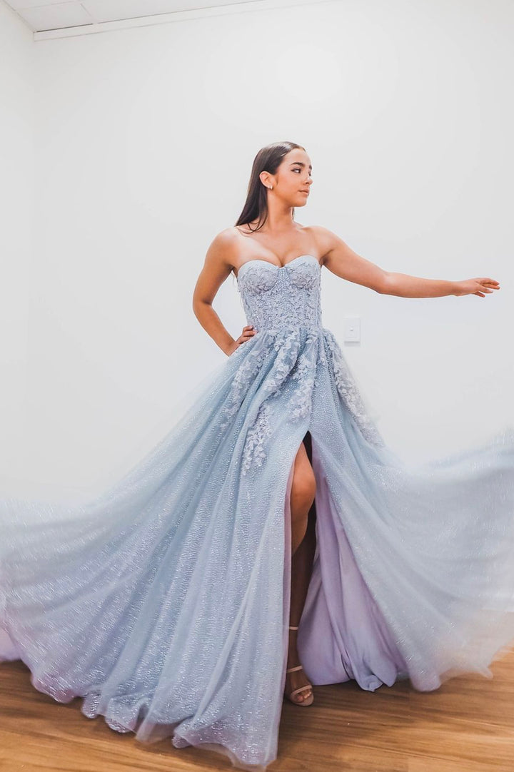 Luolandi Blue Lace and Tulle Long Prom Dresses A-Line Strapless Evening Dresses Sparkly