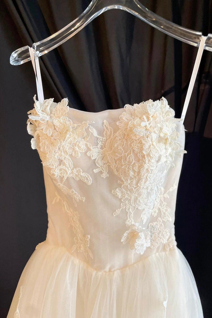 Luolandi Champagne Tulle Lace Long Prom Dress Elegant Spaghetti Strap Evening Party Dress Wedding Dress