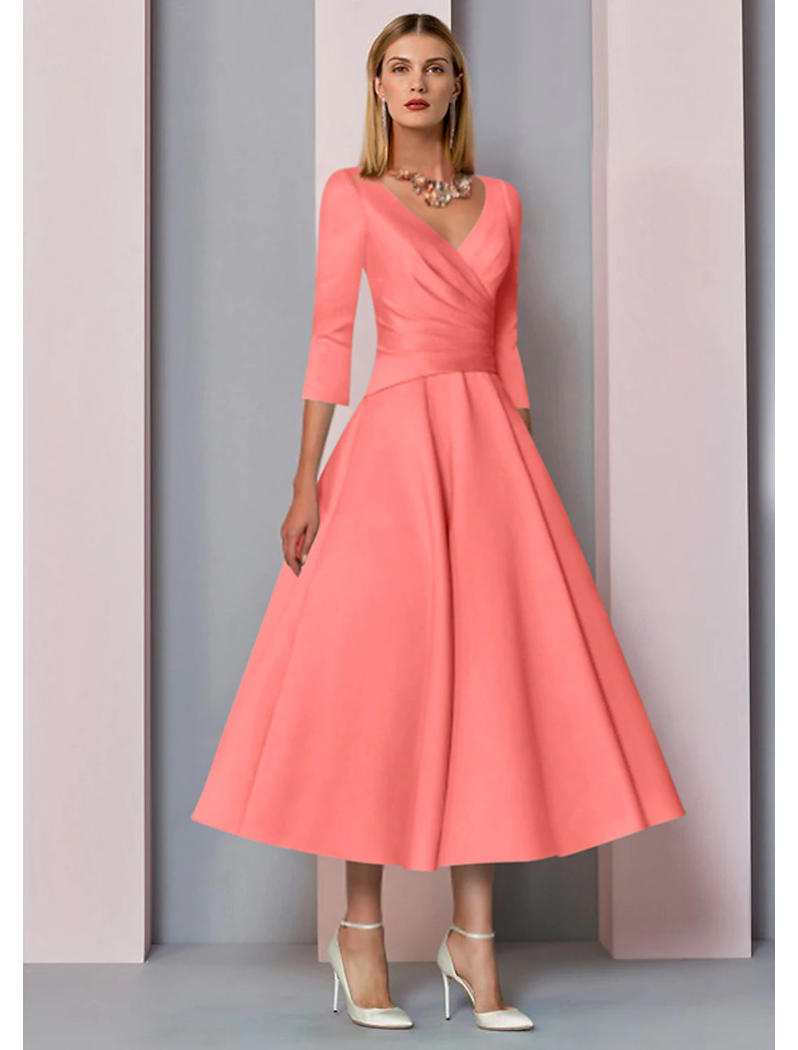 Luolandi A-Line Mother of the Bride Dress Fall Wedding Guest Vintage Plus Size Elegant V Neck Tea Length Satin 3/4 Length Sleeve