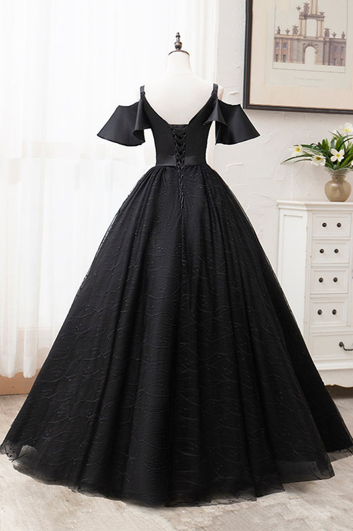 Luolandi Black V-Neck Tulle Long Prom Dresses A-Line Black Evening Dresses Sexy
