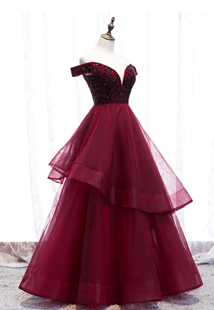 Luolandi Burgundy Tulle Long A-Line Prom Dresses Off the Shoulder Evening Dresses Sexy