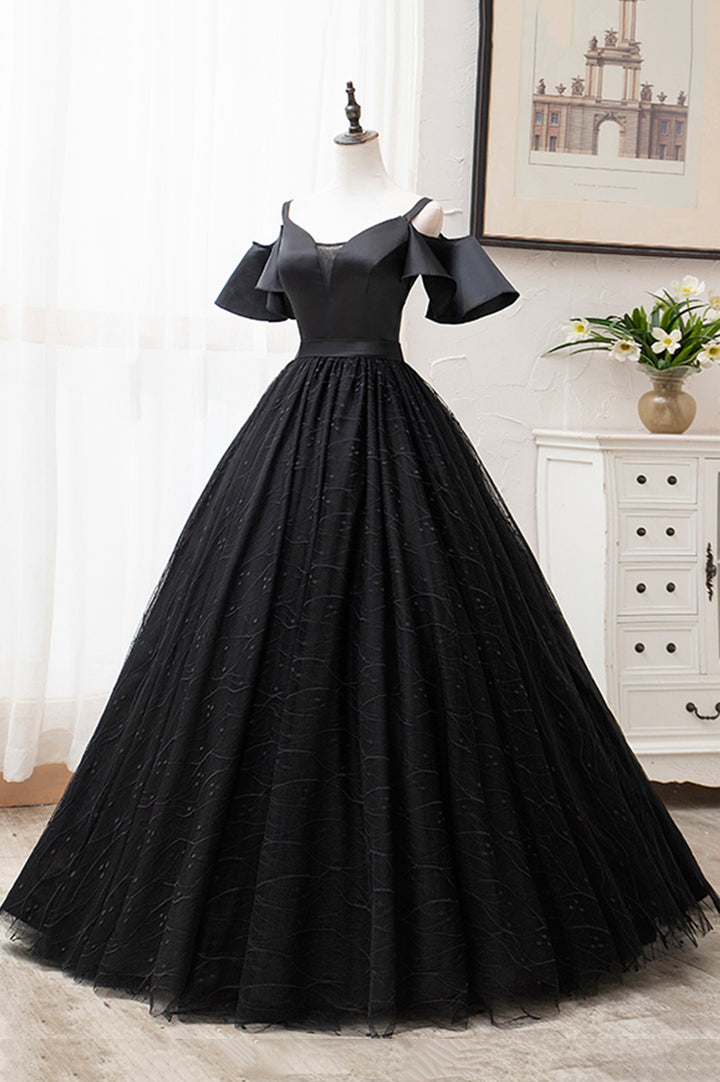 Luolandi Black V-Neck Tulle Long Prom Dresses A-Line Black Evening Dresses Sexy