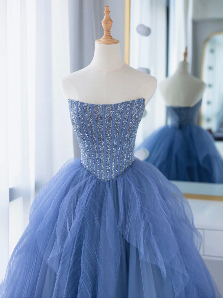 Luolandi Blue Strapless Tulle Sequins Long Prom Dress Beautiful A-Line Formal Party Dress Off Shoulder
