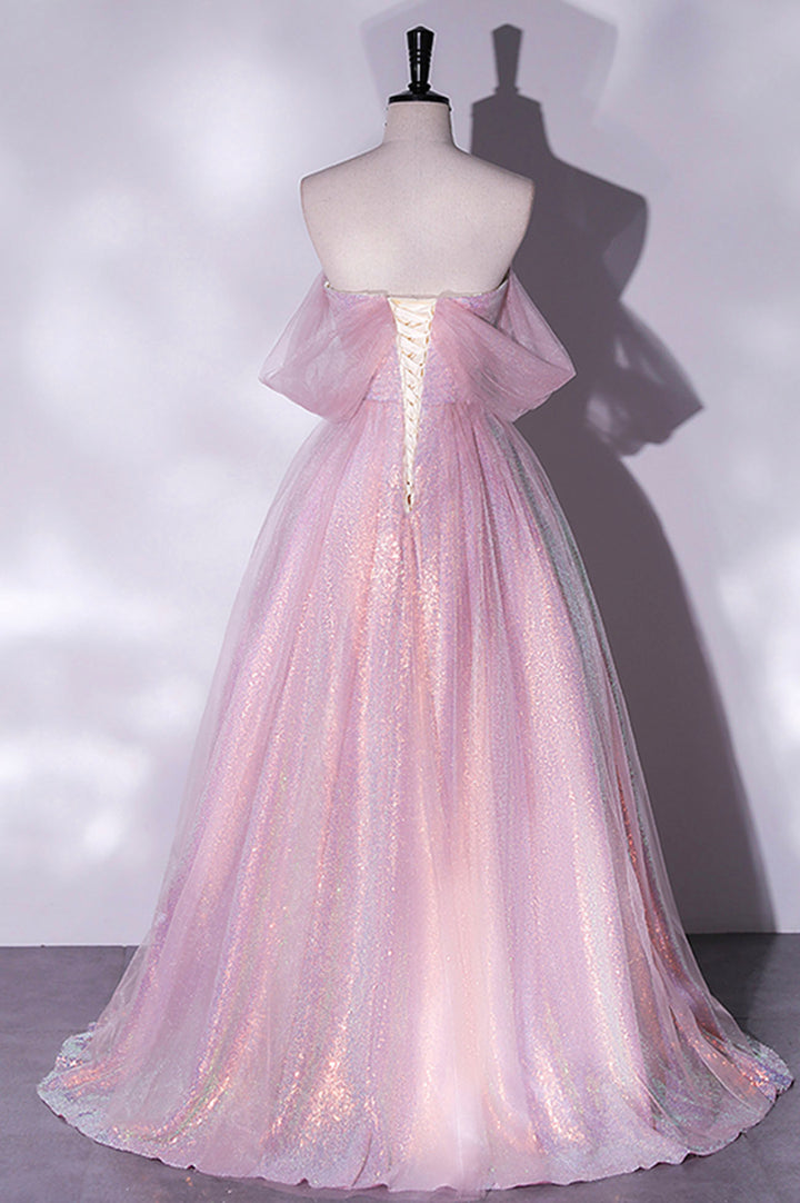 Luolandi Pink Tulle Sequins Long Prom Dress A-Line Formal Graduation Dress Party Dress